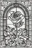 Placeholder: kids coloring page, roses in stained glass window, cartoon style, thick lines, very low detail, no shading