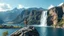 Placeholder: a picture of natural landscape that includes majestic mountains and a serene countryside. Additionally, incorporate details about a stunning, large waterfall that enhances the beauty of the scene. The output should be structured as a narrative, painting a clear image with rich, descriptive language that evokes the sights and sounds of this beautiful environment water fall falls to a big sea with modern ship in it.a fullbody lady in One Piece - Athletic Swimsuit,standing over a rock at hight
