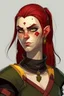 Placeholder: very smart half orc young woman, shes strong and not pretty, her hair is dark red and mid length, she wears an earring and black clothing