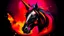 Placeholder: pink and black unicorn in fire head portraite rainbow backgrounde