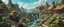 Placeholder: in the style of Dali and Bosch : a beautiful surreal outdoor countryside summer scene with hills, pathways, stairways, streams, waterfalls, water-wheels, intricate dwellings, & an outdoor surrealist market with many weird animals. A small flock of dream-like sky-fish fly high in the far distance : very high detail, photorealistic, epic cinematic, 8K, Large depth of field