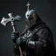 Placeholder: Varican fighter with a hammer shaped like a cross in modern military gear under pastor robes