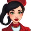 Placeholder: realistic cartoon style face portrait of a beautiful 55-year old black haired French stewardess who looks just like Elodie Cherie. she wears red uniform, stewardess hat, short hair on ponytail, pouty shiny bright red lips with lots of lipstick, very long eyelashes and green eyes with smoky eye makeup. she also has a red leather choker with some golden letters