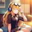 Placeholder: girl, masterpiece, best quality, volumetric lighting, detailed outfit, perfect eyes, golden hair, long hair, closed eyes, headphones on head, listening to music, smile, sitting, indoors, god rays, casual clothes,