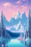 Placeholder:  mountain topped with pink ice-cream, lake, trees, mystical, Dada,