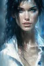 Placeholder: beautiful caucasian woman, age 23, wearing trendy wear wet-white T-shirt, light black hair, Attractive posing, Full body, perfect detailed face, frame the head, blue-eye, glamour, wet skin, Wet hair, rain, hyperdetailed painting, luminism, art by Carne Griffiths and Wadim Kashin concept art, 8k resolution, fractal isometrics details bioluminescens , 3d render, octane render, intricately detailed , cinematic, trending on artstation Isometric gritty, realistic mucha, intricate, high definition,