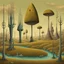 Placeholder: Surreal key-shaped trees, strange landscape of incredibly long-limbed and thin weird alien-like cryptids "Thins" who tend to the fauna, surrealism, sharp focus, by Kay Nielson, by Yves Tanguy, by Andy Kehoe, sinister, weird-land, sharp colors, art from beyond.