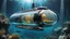 Placeholder: An unique futuristic glass and metal submarine in the ocean, with large of water surrounding it. The submarine bottom positioned in the center of the frame, providing a unique perspective on this streamlined high-techstructure underwater, high detalied, sharp focus, best shot, sci-fi mood