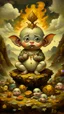 Placeholder: adorable baby Om Ganesha with big eyes in the pose of success, money piled up into a mountain, money flying around, oil painting