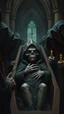 Placeholder: Bosch painting style, 3D ugly scary hooded creature sleeping in a coffin with hands on chest in surrounded by other hooded dark evil creatures wearing black one of them carrying a small candle in scary dark church, they all staring at the dead creature in the coffin