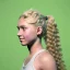 Placeholder: portrait of a teenager girl with blonde curly hair in a ponytail and green eyes