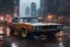 Placeholder: photo of a retrofitted cyberpunk 1969 Dodge Charger R/T model with (heavily battered:1.6) and rusty body, special assembly parts fitted to the hood and roof, (black windscreens:1.7), thin LED headlights and rusty dark rims, menacing car style, cyberpunk city scene in background, towering skyscrapers, heavy rain