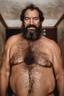 Placeholder: two ugly muscular chubby arab 50 years old similar to bud spencer, very detailed, full figure shot, very realistic photography, dim light, view from below, , very small drops of glue sticky gloopy white messy splash, tiled restroom, tattoo, masculine bearded, white substance dripping from beard, with glue stuck to and dripping from beard,, , mature barely burly bearded muscled and robust , bright white glue covered beards, white sticky liquid glued dense barely transparent liquid