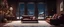 Placeholder: Hyper Realistic Dark Brown Living Room With Small Empty Wooden Frame & Fancy Velvet Furniture & Christmas Decoration at snowfall night from window view