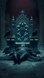 Placeholder: The king is dead laying on the floor by the throne and 2 black crows are sitting on each side of the throne