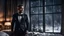 Placeholder: Hyper Realistic Muscular Ryan Reynolds looking handsome in a black tuxedo dressing in a dark-cozy-bedroom with huge-windows at dark-snowfall-night