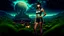 Placeholder: Photorealistic, full Body Photo Of A slim Exotic Sci-Fi Pin-Up Girl, With dark Hair and Bangs, on an alien jungle Planet With Cloud Trees, Tall Spires, Buildings, Bridges, Arches, a stormy skyline, with lightning