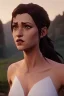 Placeholder: realistic, portrait and full body of a woman standing next to rocky river in country side, beautiful face with nice make up, sunlight, cinematic light, bangs, a beautiful woman, beautiful eyes, brown curved hair, perfect anatomy, very cute, princess eyes , (blue eyes) , nice sport shoes ,Centered image, stylized, life size,8k Resolution, low-cut dress with small blue details, human hands, wonder full, elegant, approaching perfection, dynamic, highly detailed, character sheet,