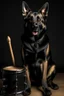 Placeholder: Portrait of a dark german shepherd dark skin male wearing a black clothes with full human body playing the drums with drums sticks in his hands