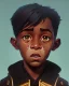 Placeholder: Portrait of a handsome black skinned toddler warlock boy with dark hair by Jim Kay