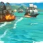 Placeholder: Two pirate ships fight each other at sea. Firing cannons. One ship is hit and burns after being hit.