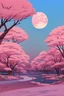 Placeholder: a land scape of Japanese garden, big moon, red sky in the night , surrounded by cherry blossom trees, cel shading