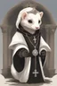 Placeholder: (anthropomorphic white ferret),dressed in ((cleric fantasy)) black clothes with silver holy ornaments, realistic anatomy, holy symbols around, serious face, hold holy cross symbol, tired face, in the style of LOISH, look at the vivewer, cute face, fantasy inspire, fantasy church on background with sunshine, gloomy atmosphere