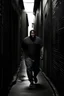 Placeholder: Tall big fat black man really far away running down a dark alleyway