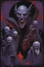 Placeholder: Modern dramatic poster art by Drew Struzan, Dramatic ancient Vampire Lord bearing fangs, Strigoi horror caricature rendering, exaggerated long Fangs, by Russ mills, by Zdzislaw Beksinski, by Dave McKean, black-deep red-deep violet color scheme, multimedia creation, dark nighttime background.