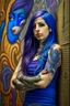 Placeholder: super cute woman, nice body, great body, big bubs, coquette look, long blue hair, little tatoos, pearcing, serious mode, wearing a purple mini dress, intrincate details. wall of grafitty art background.