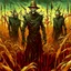 Placeholder: Creepy massive zombie Scarecrows red eyes emerging from corn field, tree tall corn stalks, Eldritch as hell, by George Harriman, by Jeremy Mann, by Hieronymus Bosch "Garden of Earthly Delight", intricately detailed, hypersurreal, octane render, asymmetric dystopian nighttime nightmarish background.