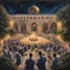 Placeholder: Hyper Realistic Painting of areal view of Palestinian men worshipping outside Al-Aqsa Mosque between a beautiful garden at night with celebration lights