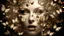 Placeholder: Surreal digital artwork featuring a close-up of a mature, pale-skinned human face. The face is expressionless, with neutral lips and striking golden eyes that stare directly at the viewer. Its most distinctive feature is the multitude of delicate white and brown butterflies with intricate wing patterns that create its hairstyle, creating a whimsical, dreamlike effect. The background is a soft gray to light blue gradient. The overall style is imaginative and artistic.