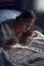 Placeholder: Hand sewn and embroidered Alicia Vikander, threads, sewing needles on a table on lace blanket in a luxury bedroom