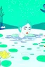 Placeholder: A green-haired woman with a peaceful expression lies at the bottom of the pool, with lotus flowers floating on the water, moon in the background, reflection, minimalist, animated artistic style, loose strokes, amber and light gray, accurate painting, Traincore, Korea Wave--a 4:3