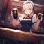 Placeholder: anime waitress taking her break at booth inside a New York diner with two identical coffee cups placed in front oh her on the table, two cups