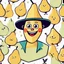 Placeholder: A pear in the shape of a funny, laughing cartoon character dressed as a young man, an equilateral square character