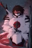 Placeholder: The character, in a striking white armour against a wintry backdrop stands with his arms behind his back inside the scene, he has a red and black circular symbol on his chest like a shield, a black pointed spear with a red handle on his back, His eyes are showing a dynamic expression and he wears a black oni with white sharp teeth on it covering the bottom part of his mouth he has brown shoulder pads and a white belt with a bag attached to it. He has dark brown hair, he does not wear a helmet.