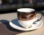 Placeholder: Cappuccino art microfoam in chrome mug saucer Crawford plaid napkin Demitasse