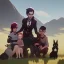 Placeholder: family portrait with 2 girls, 1 boy, 1 mother , 1 grey rabbit, 1 black and grey rabbit, one very old red-headed sleepy cat, mountain background,