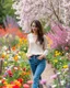 Placeholder: create a video , in a pretty nature of conuntry side a big mas of ramdom pretty flowers fall down and a beautiful lady in modern clothing comes out and walks with cute in the flowers garden