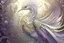 Placeholder: an extraordinarily beautiful fantasy bird with a long fluffy curly, lacy tail and a gently lilac crest, sits on a spruce branch, looks random, all shades of satin from white to purple tones shimmer, soft lighting, fractal animation art, art botanic, filigree, fine drawing of small details in gold ink, grunge, watercolor, sunny rear light, 64k