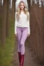 Placeholder: beautiful 18 year old girl with ash blonde hair and blue eyes with her curvy hair down, wearing a long-sleeved woollen top, and lilac long leggings, with long red boots full body shot