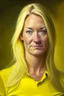 Placeholder: realistic Portrait of a woman in her thirties yellow shirt and dirty blonde hair. she looks like a politcian