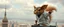 Placeholder: crazy fluffy Christian Slater gremlin maniac scientist in lab coat squirrel flying coat standing in tower watching city on water