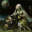 Placeholder: Visual Necromancy, zombie Madonna cradling an anthropomorphic worm baby on the moon, horror art conceived by Hieronymus Bosch, middle-ages surrealist painting, putrescence essence