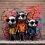 Placeholder: Three Blind Mice with black blind-person style glasses, sinister, modern graffiti street art on city wall, dramatic, eerie, warm colors, dynamic diagonal composition, by Seth Globepainter and Blek de rat and Petros Afshar, color spray paint, concept art, stunning, Eldritch