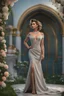 Placeholder: full body woman, from Russian Federation , elegant dress, elegant curled hair , 19 years old ,earring, no make up,8k, Candid avant garde portrait, charming woman, wearing Lovely Flower Diamond Pendant, octane render 3d, plastic material