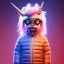 Placeholder: Unicorn toddler, smile, steampunk headphone, sunglass, gangsta neckless, full body, orange puffer jacket, tokio background, dramatic lighting, hyper realistic, unreal engine 5, 16k