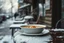 Placeholder: an old white plate of steaming soup on table in outside, hig realistic, high contrast, sharp focus, gloomy mood, winter, blur background, street, perfect shot, perfect composition